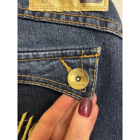 Apple Bottoms Jeans Womens 13/14 Dark Wash Blue Bootcut Distressed Low Rise Y2K - Picture 11 of 15